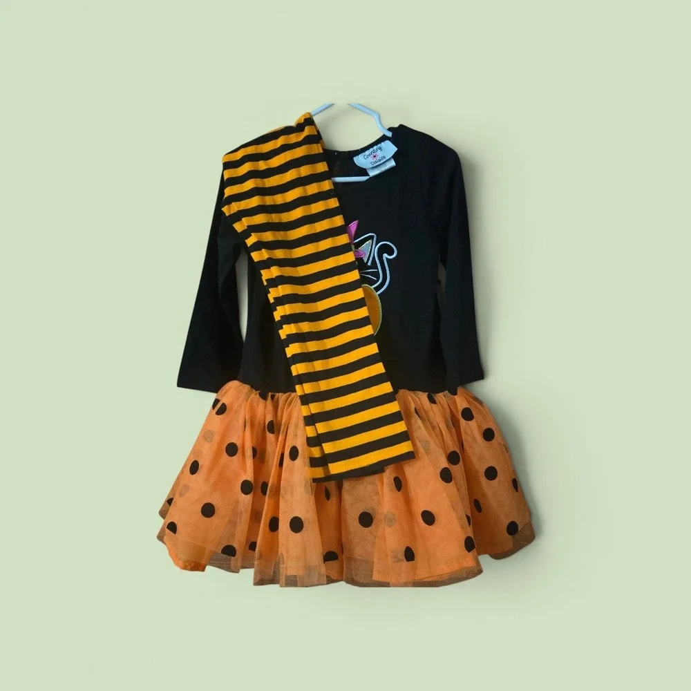 NWT Counting Daisies Girls Halloween Cat Pumpkin Tutu Dress Leggings Set Sz 3T
